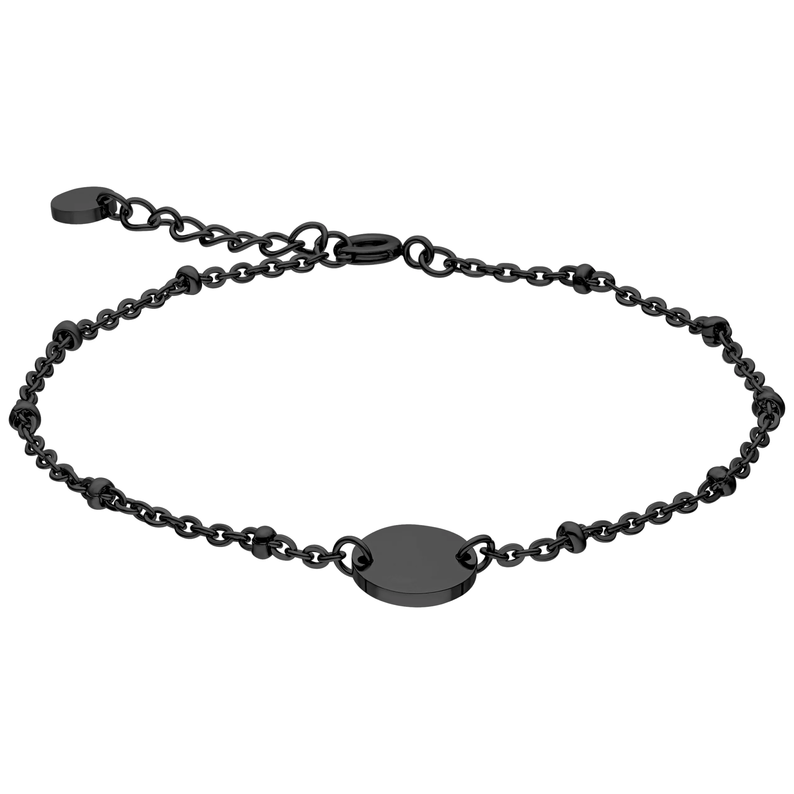 Bracciale nero in acciaio chirurgico con perline rotonde su sfondo bianco