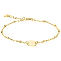 Bracciale dorato in acciaio chirurgico 316L con perle e piastra per incisioni su sfondo bianco