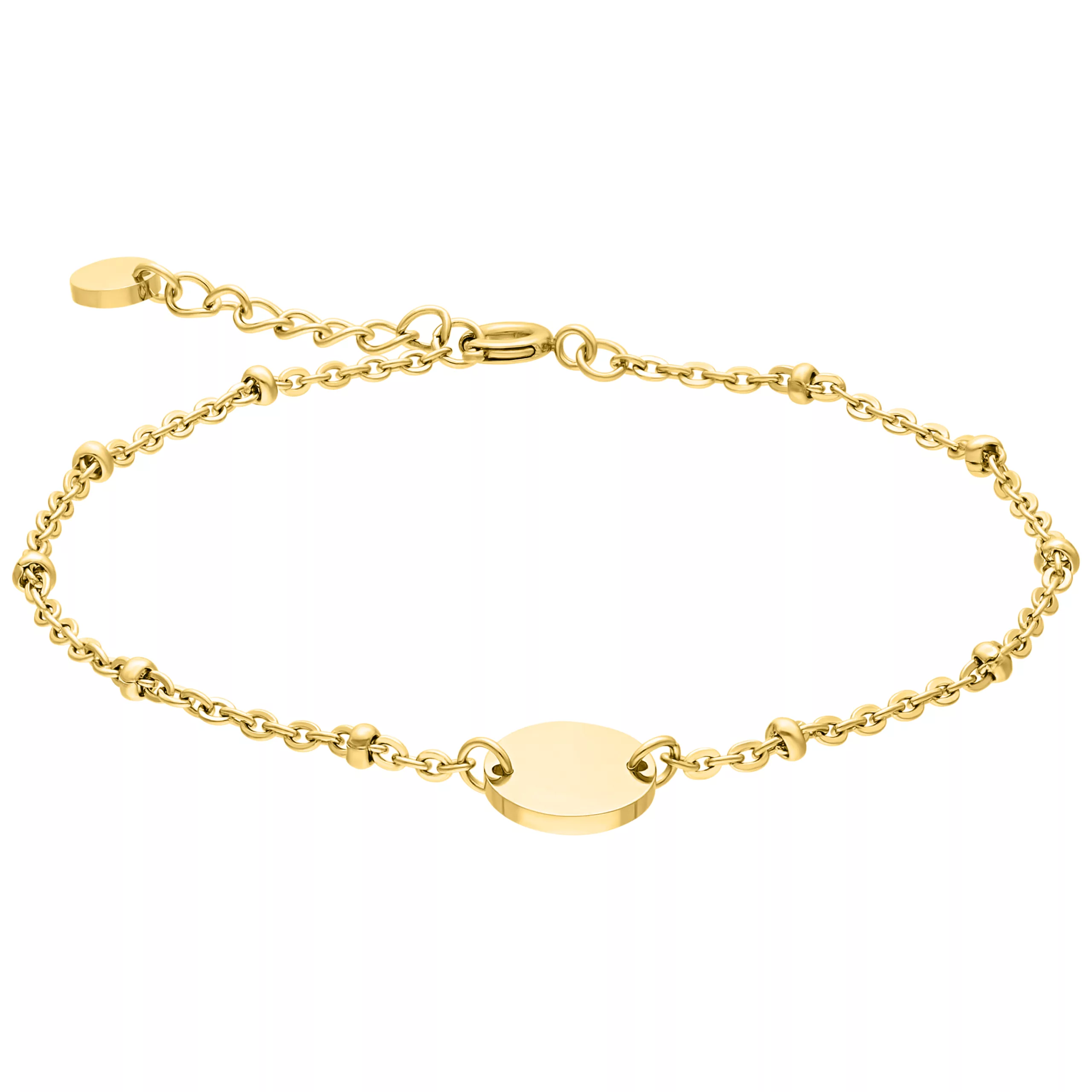 Bracciale dorato in acciaio chirurgico 316L con perle e piastra per incisioni su sfondo bianco