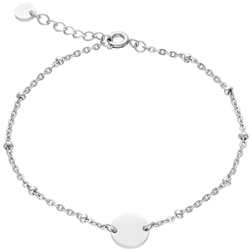 Bracciale argentato con targhetta personalizzabile e perle su sfondo bianco