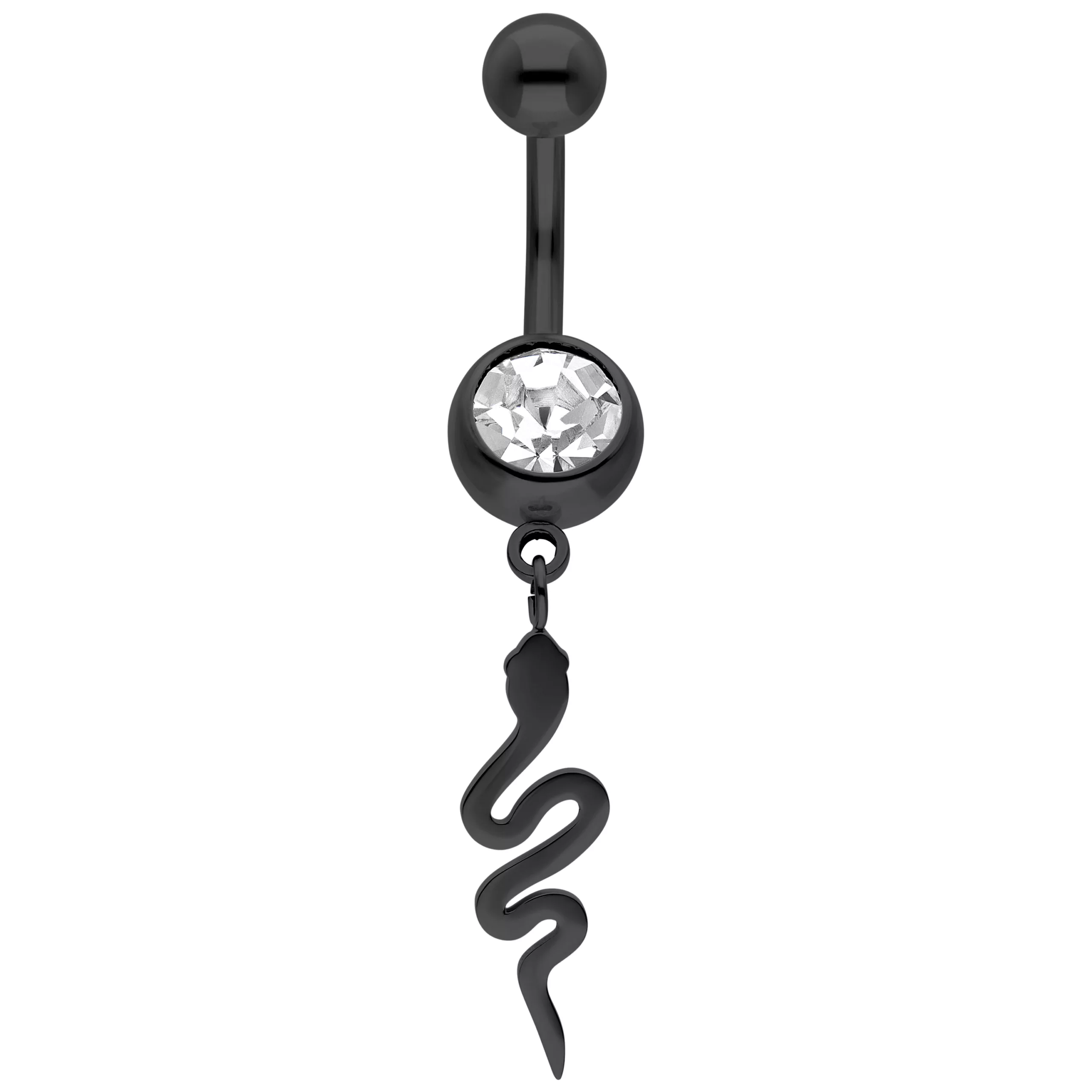 Banana barbell nero con pendente a serpente e cristallo chiaro su sfondo bianco