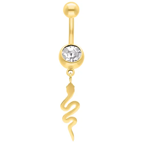 Banana Bell dorato con cristallo e ciondolo a serpente su sfondo bianco