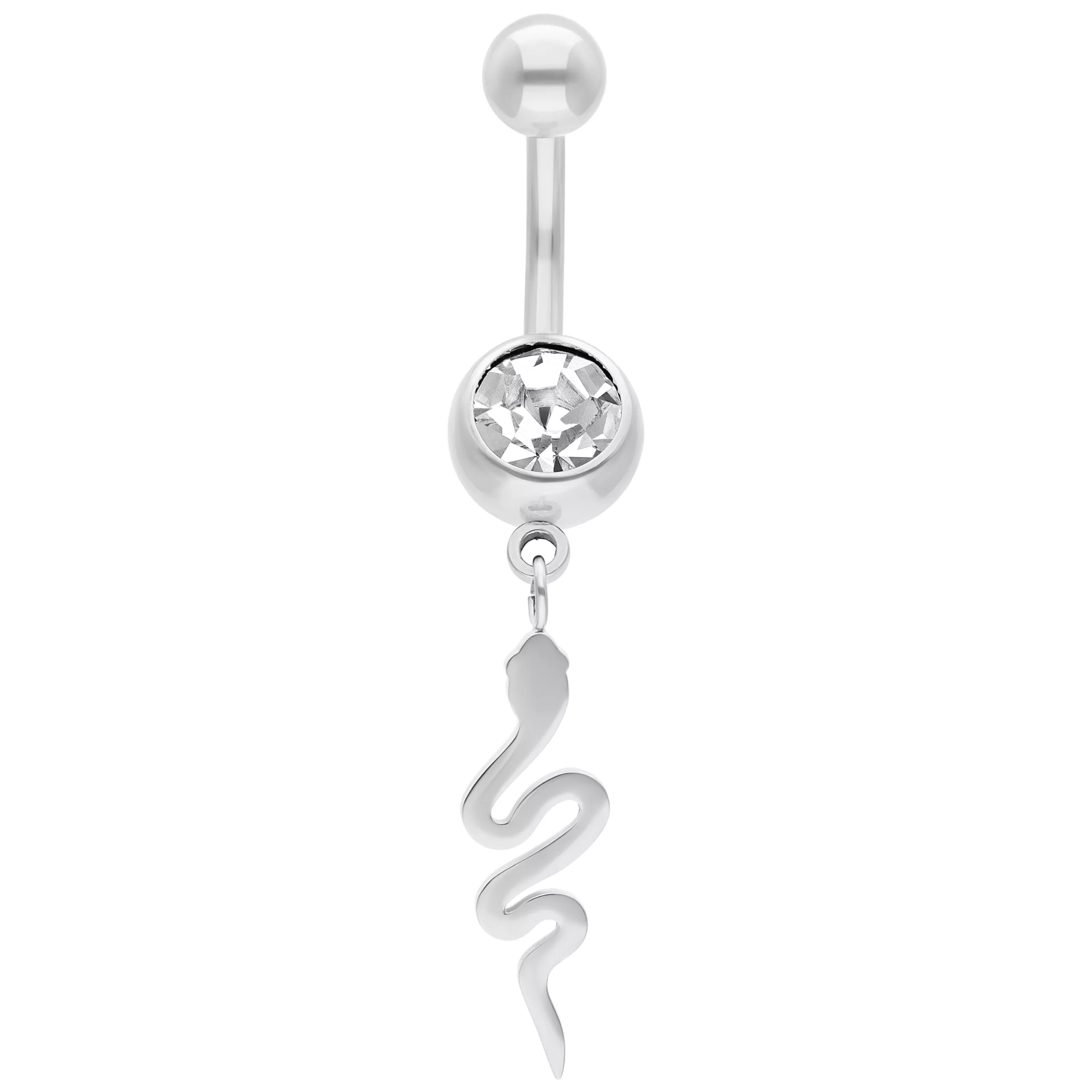 Piercing all'ombelico in argento con cristallo e ciondolo a serpente su sfondo bianco