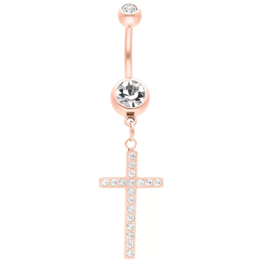 Piercing all'ombelico in oro rosa con ciondolo a croce e cristalli chiari su sfondo bianco