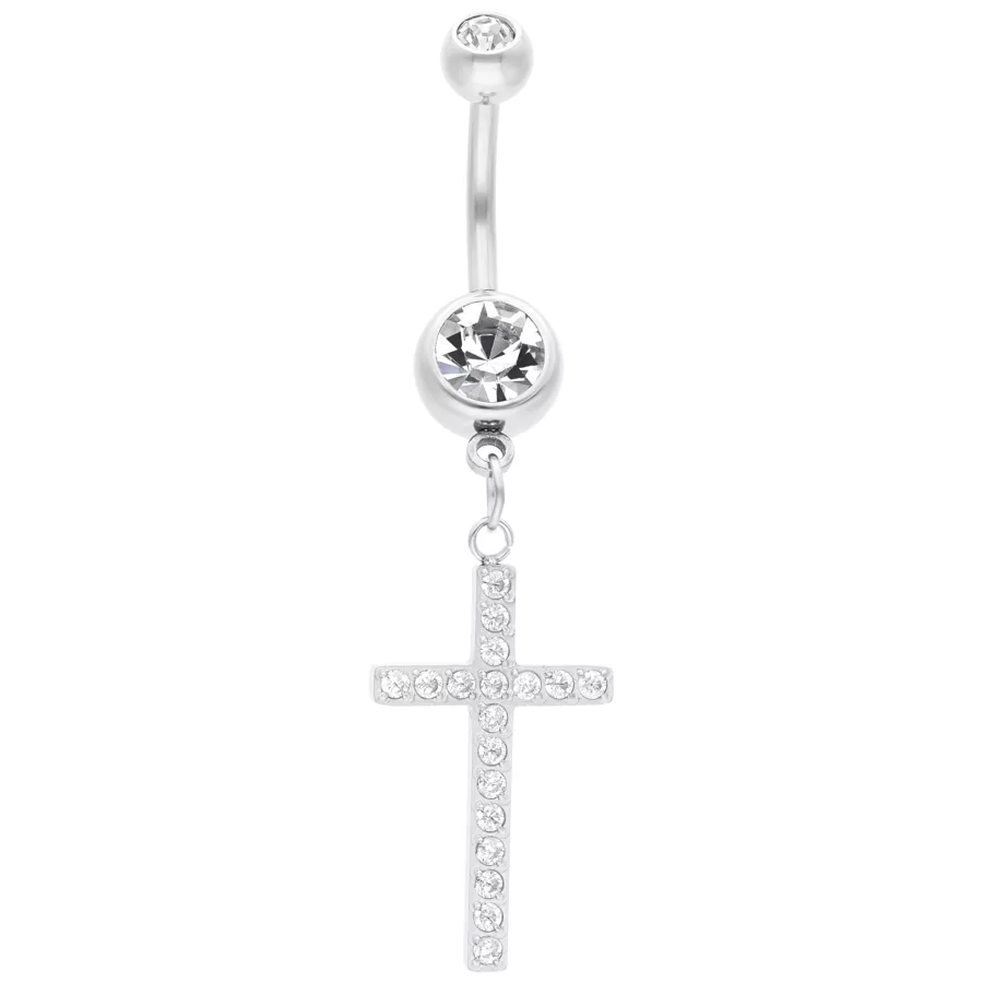 Piercing ombelico argento con croce pendente e cristalli chiari su sfondo bianco