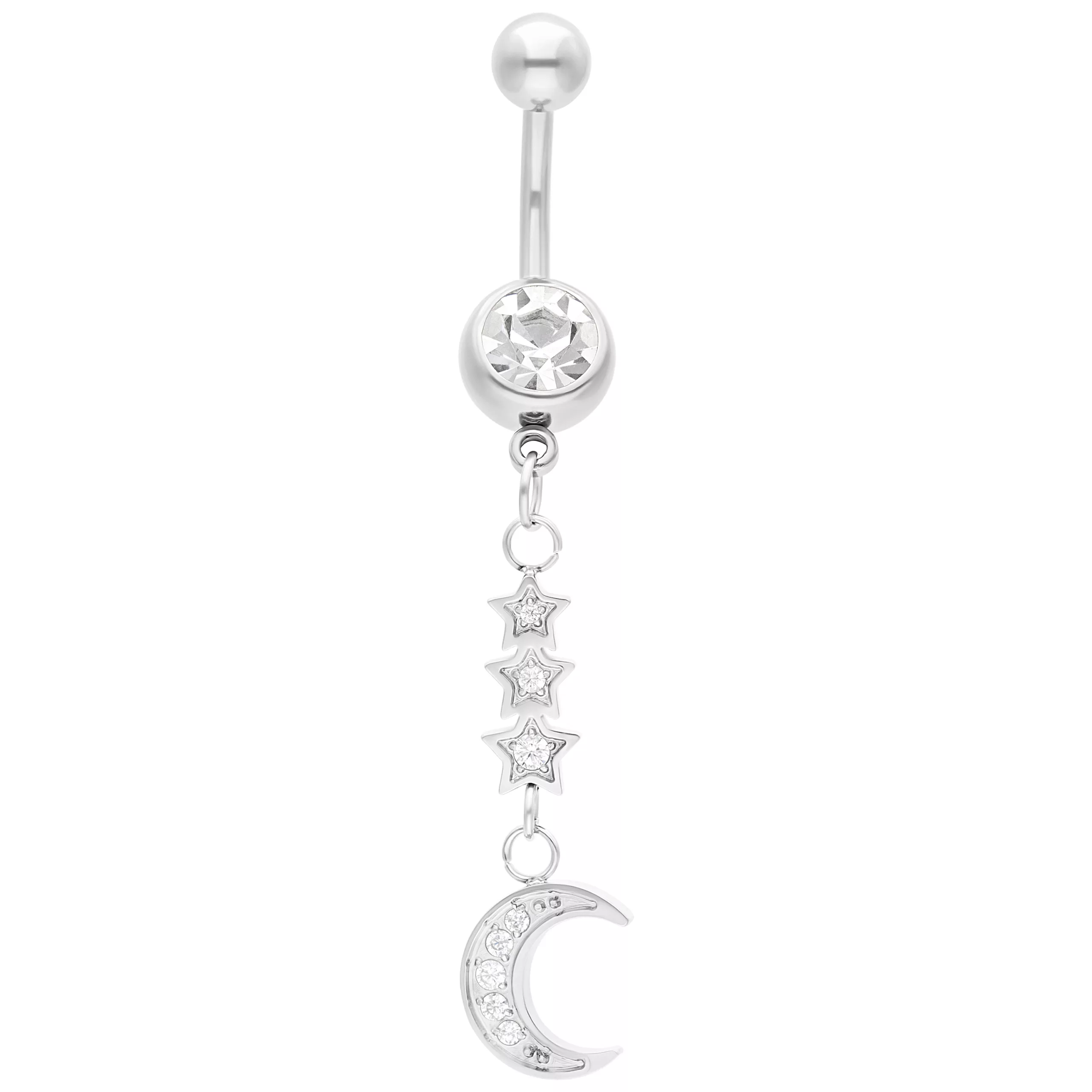 Piercing all'ombelico con ciondolo a forma di luna d'argento e stelle su sfondo bianco