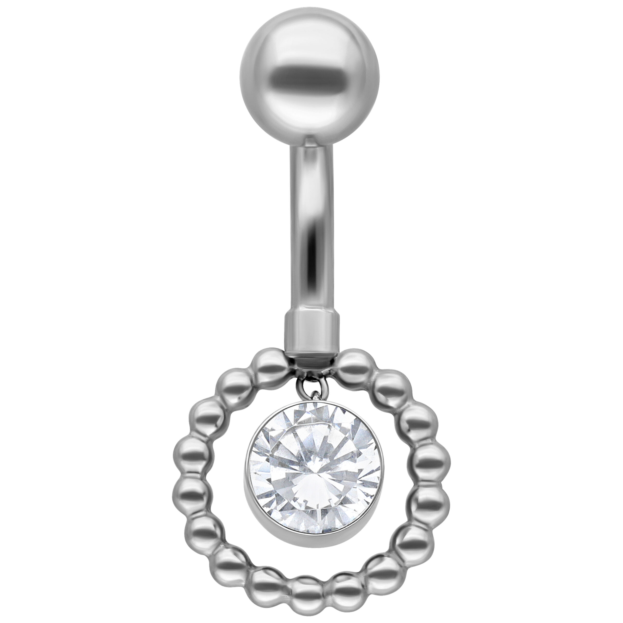 Piercing all'ombelico in argento con cristallo e anello di perle su sfondo bianco