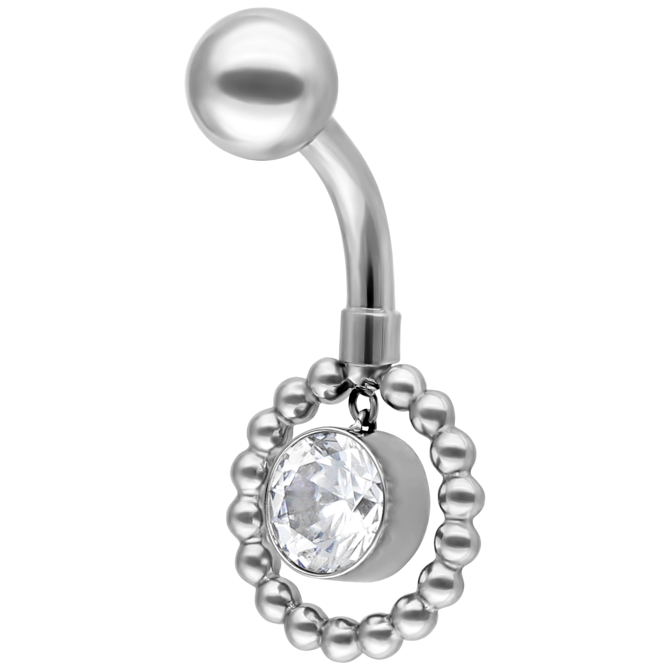 Bananabel argento con pietra cristallo chiaro e cerchio di perle su sfondo bianco