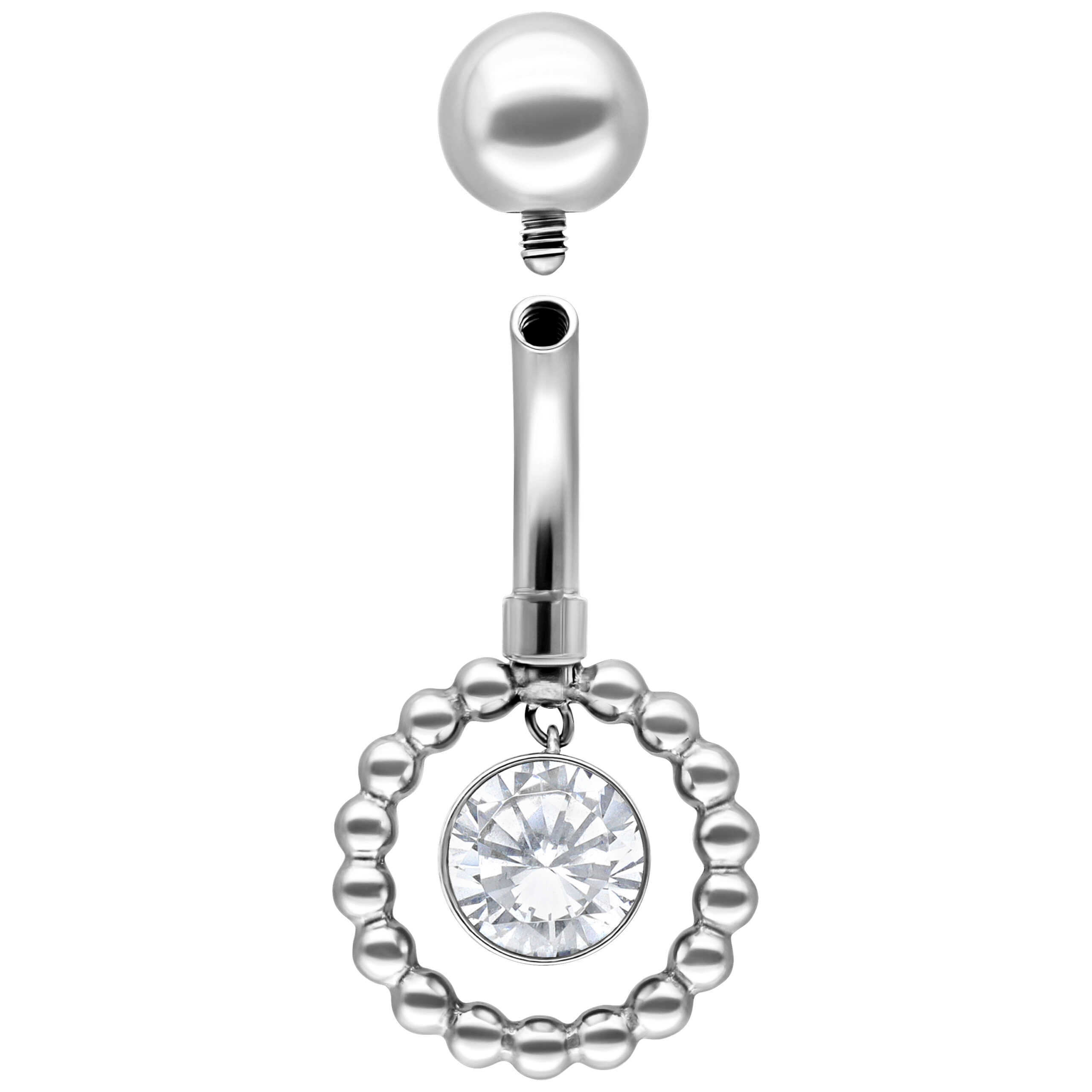 Piercing all'ombelico in argento con pietra cristallo chiaro e sfera