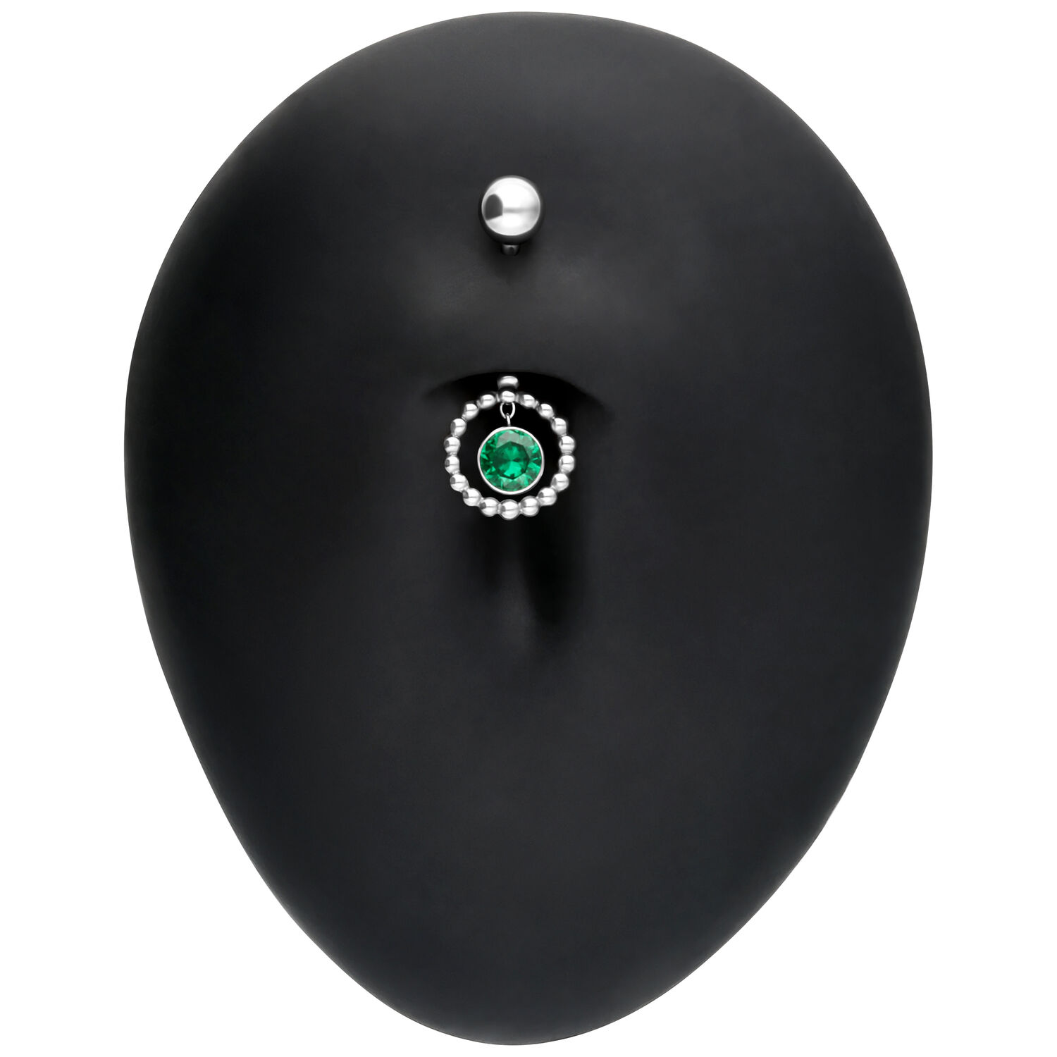 Piercing all'ombelico in argento con cristallo verde smeraldo su sfondo nero