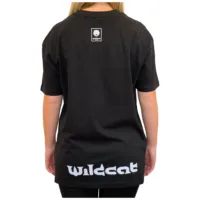 Vista posteriore di una T-shirt Wildcat nera con logo su sfondo bianco