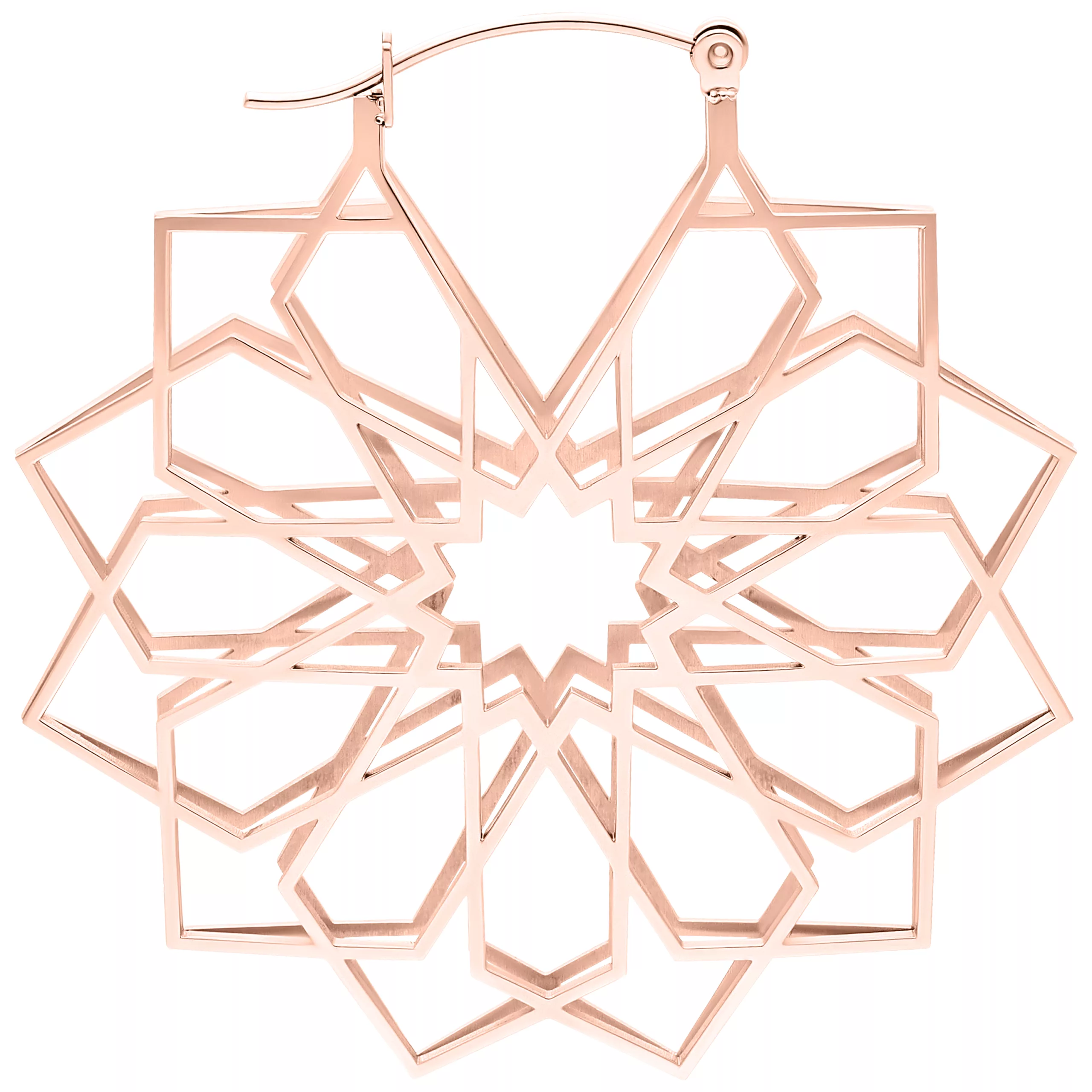 Orecchini in oro rosa con design a caleidoscopio su sfondo bianco