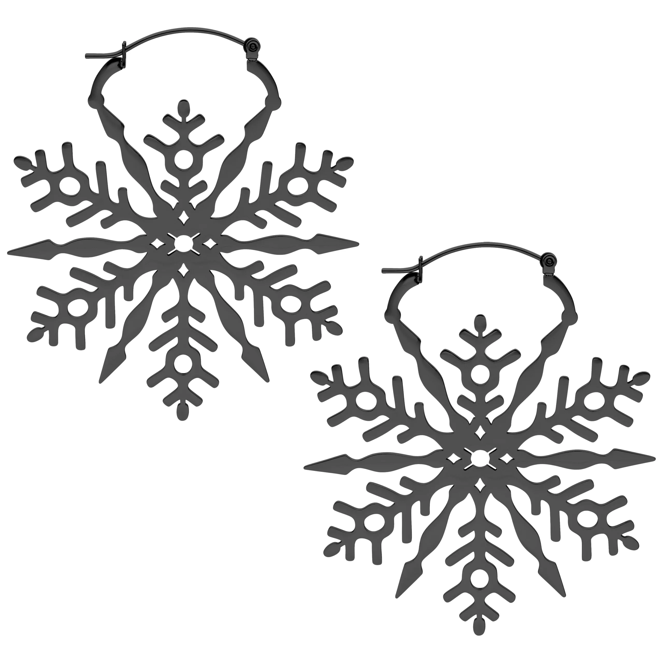 Due orecchini neri a forma di fiocco di neve su sfondo bianco
