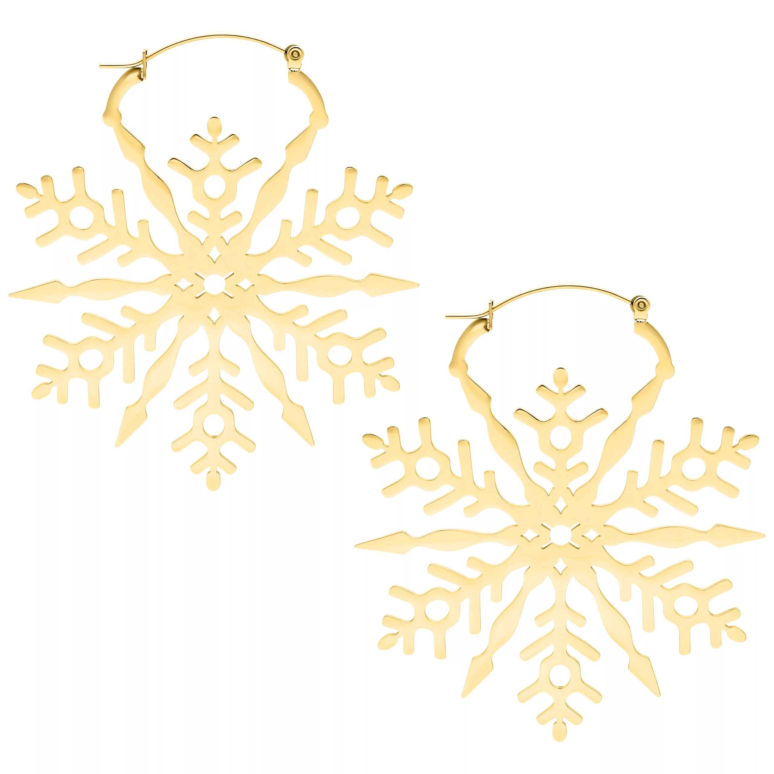 Due orecchini dorati a forma di fiocco di neve su sfondo bianco