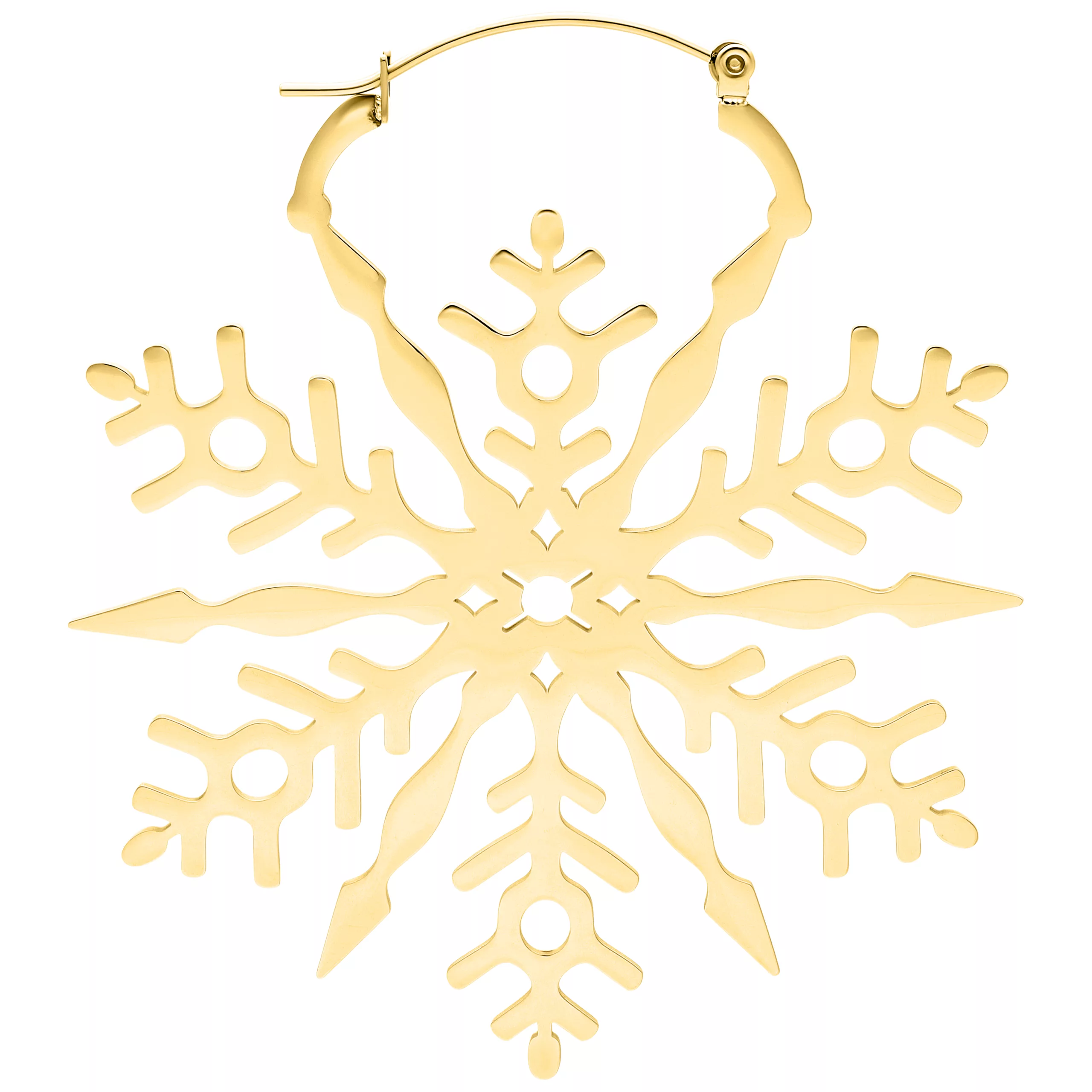 Orecchini dorati a forma di fiocco di neve su sfondo bianco