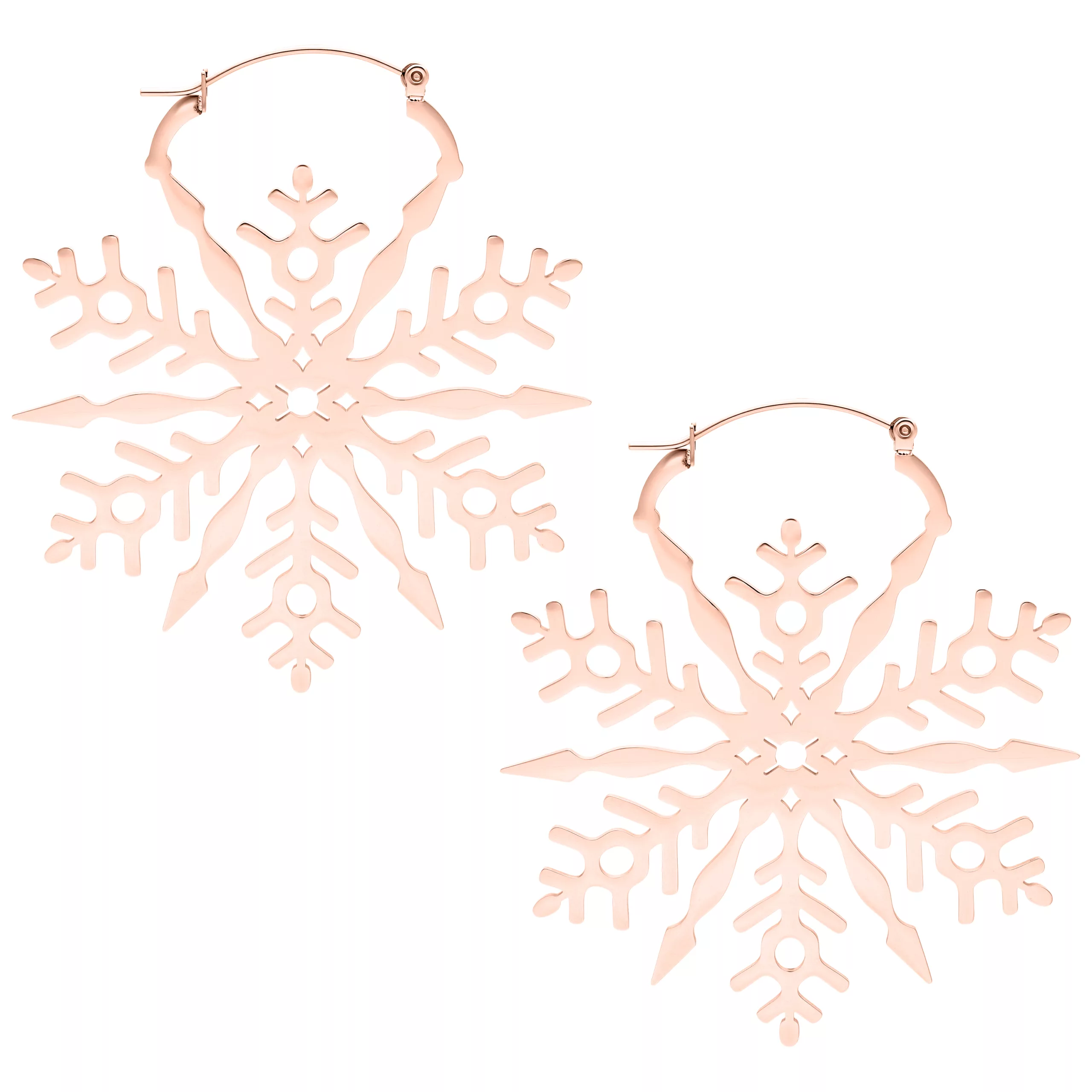 Due orecchini fiocco di neve in acciaio inox rosé su sfondo bianco