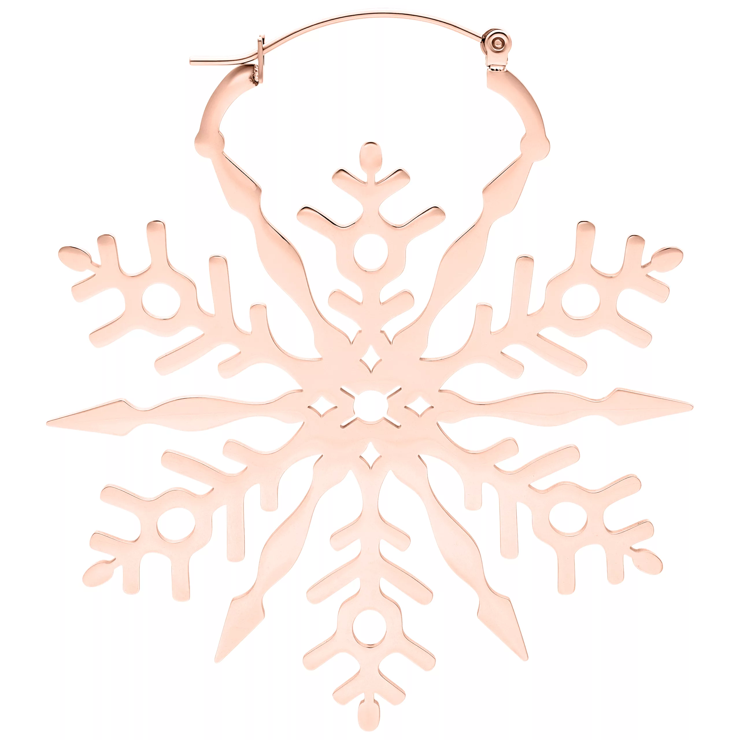 Orecchini a forma di fiocco di neve in oro rosa su sfondo bianco