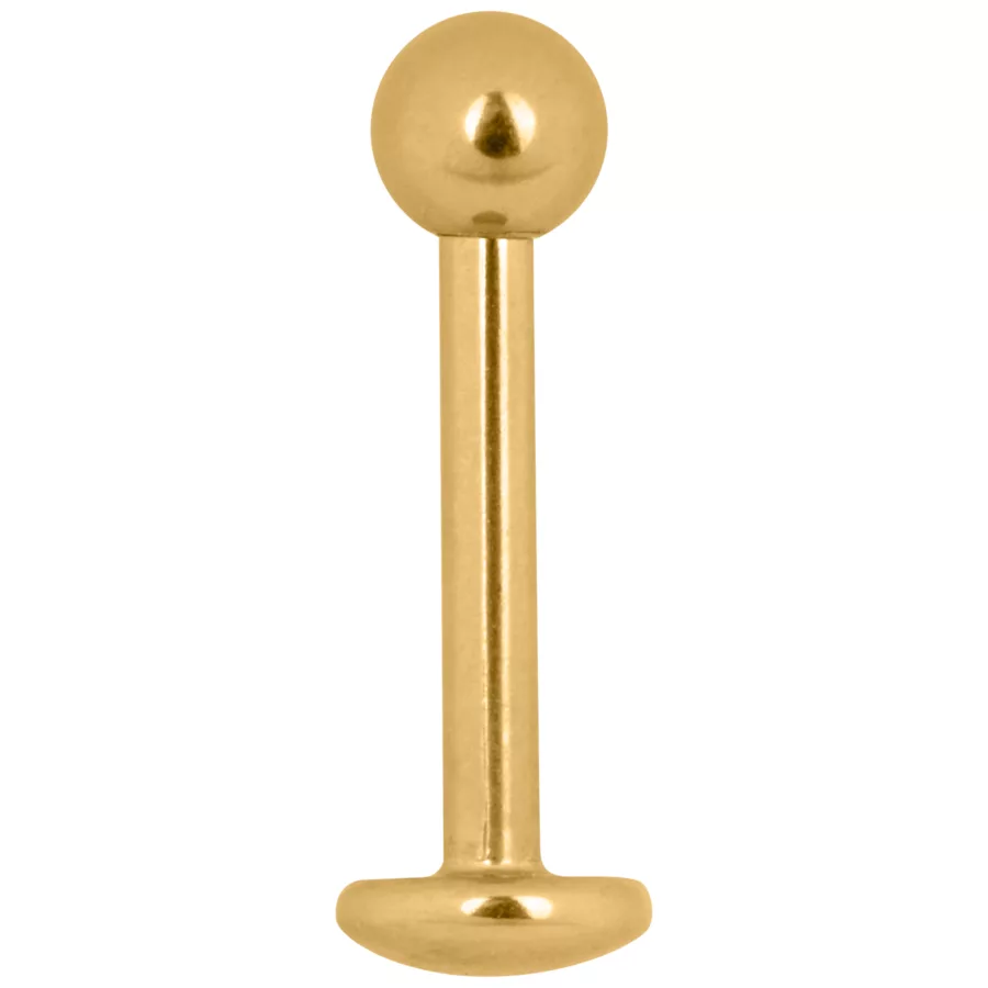 Labret Stud Piercing dorato in titanio con filettatura esterna su sfondo bianco