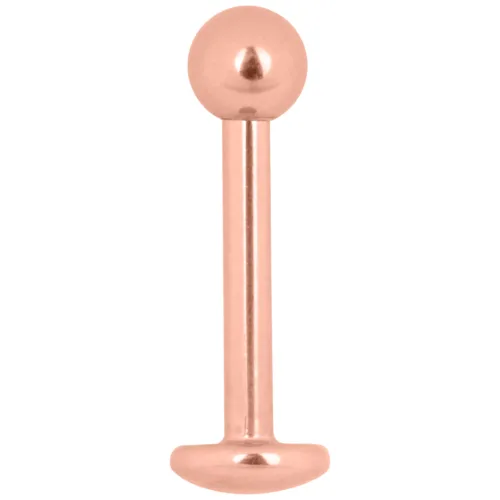 Piercing labret in oro rosa, spessore 1,2 mm, lunghezza 6,0 mm su sfondo bianco