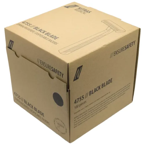 Confezione di cartone con 100 rasoi monouso neri di Nitras