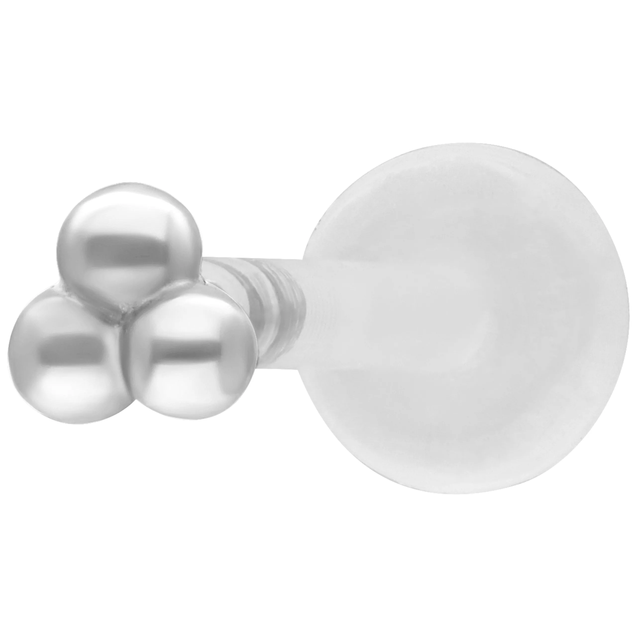 Labret Push Fit Trinity Balls in argento Labret in argento con tre sfere su sfondo bianco