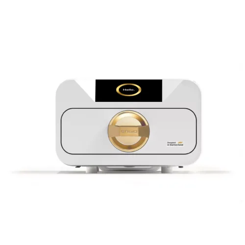 Autoclave Enbio S bianco con maniglia dorata su sfondo bianco