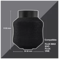 Impugnatura per tatuaggi FK Irons Gorilla Flux Foam nera da 50mm con misure su sfondo grigio