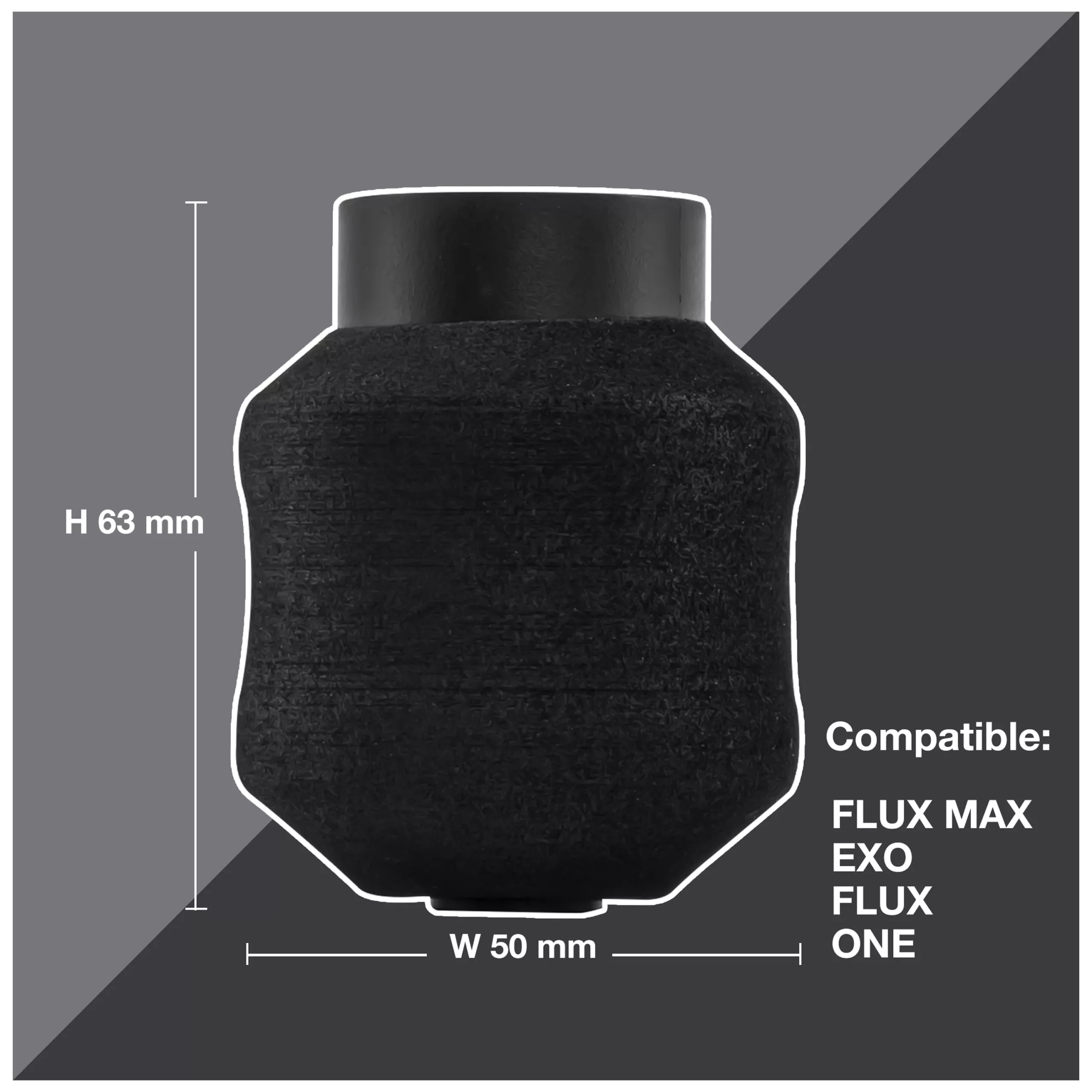 Impugnatura per tatuaggi FK Irons Gorilla Flux Foam nera da 50mm con misure su sfondo grigio