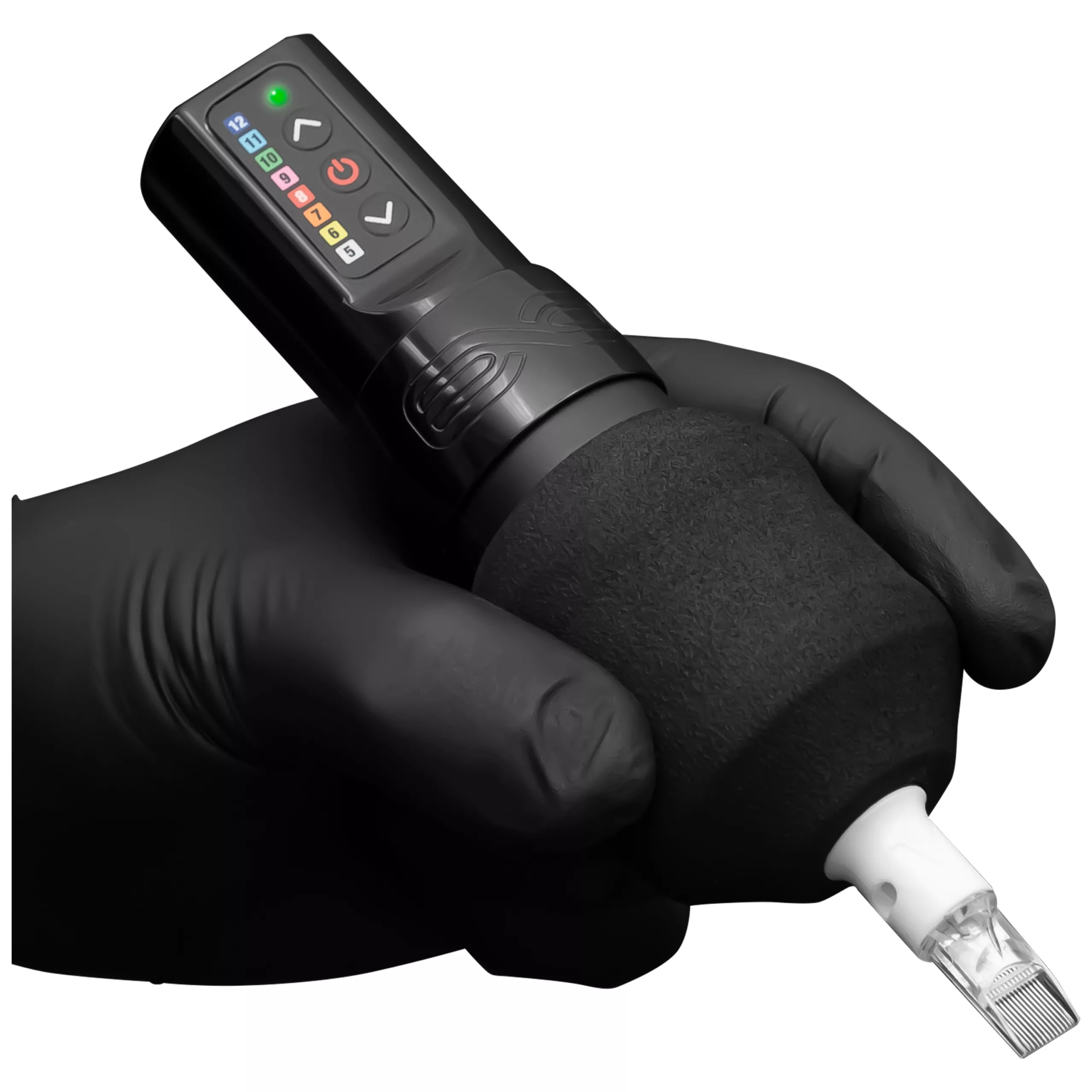 Grip per tatuaggi nero con rivestimento in schiuma e mano in guanto nero