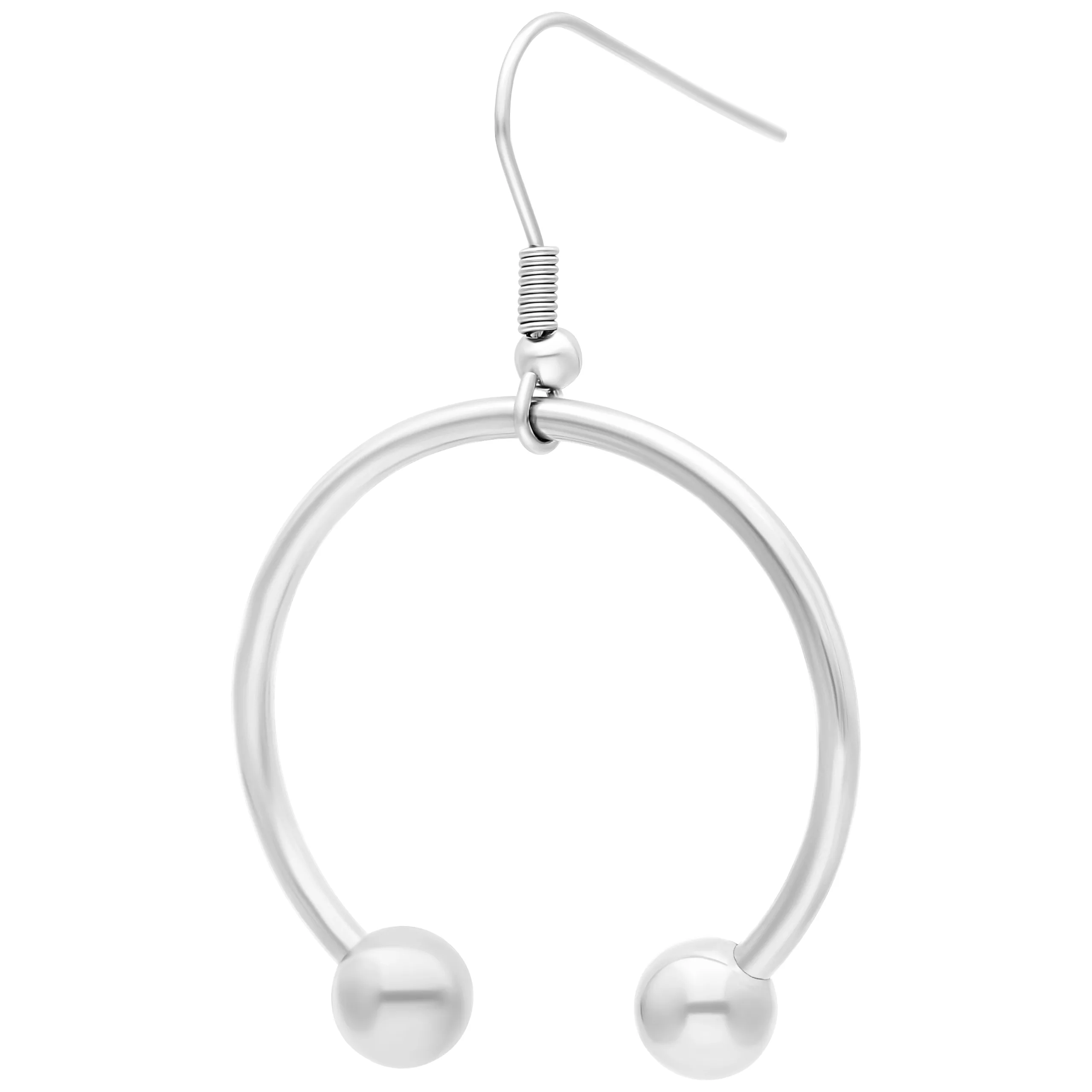 Orecchini Barbell in Acciaio Chirurgico Argento Orecchini Barbell rotondi in acciaio chirurgico argento con chiusura a perno su sfondo bianco