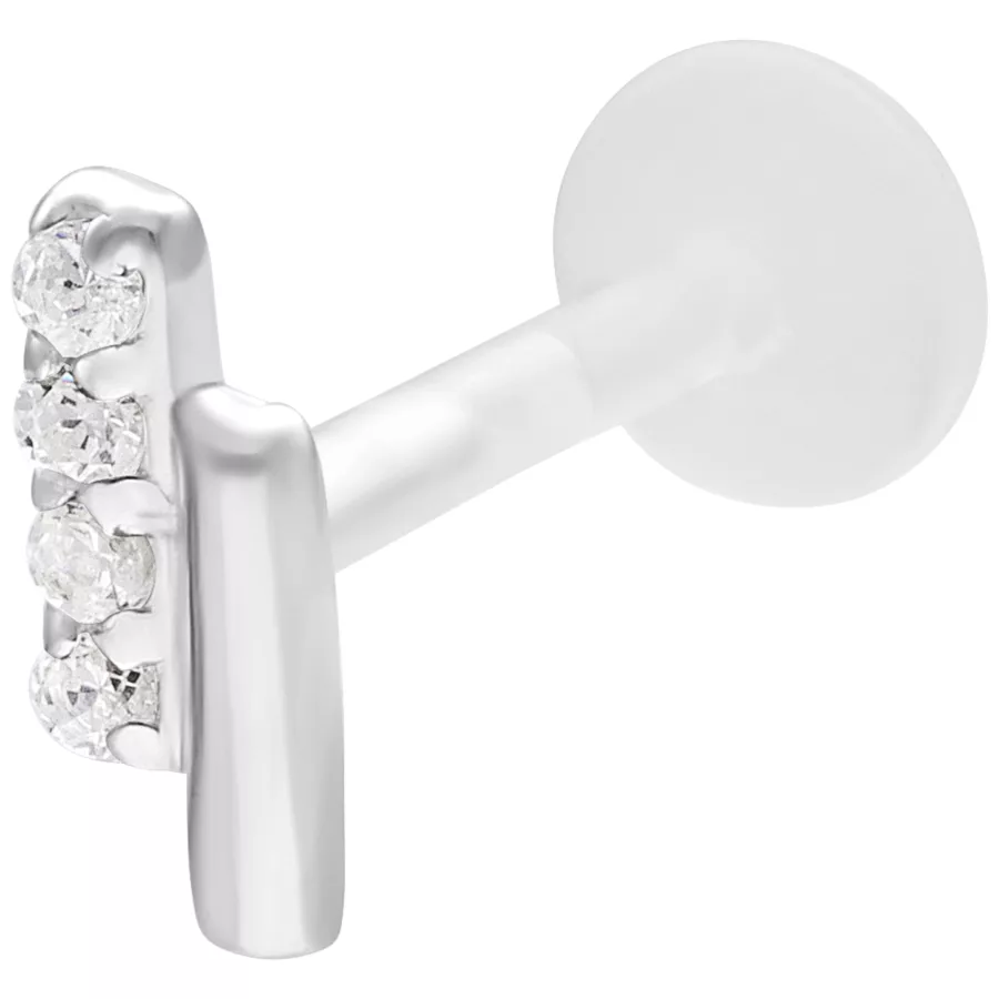 Labret argento con doppia barra di cristallo su sfondo bianco