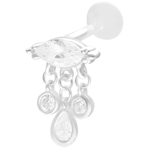 Labret in argento con tre pendenti su sfondo bianco