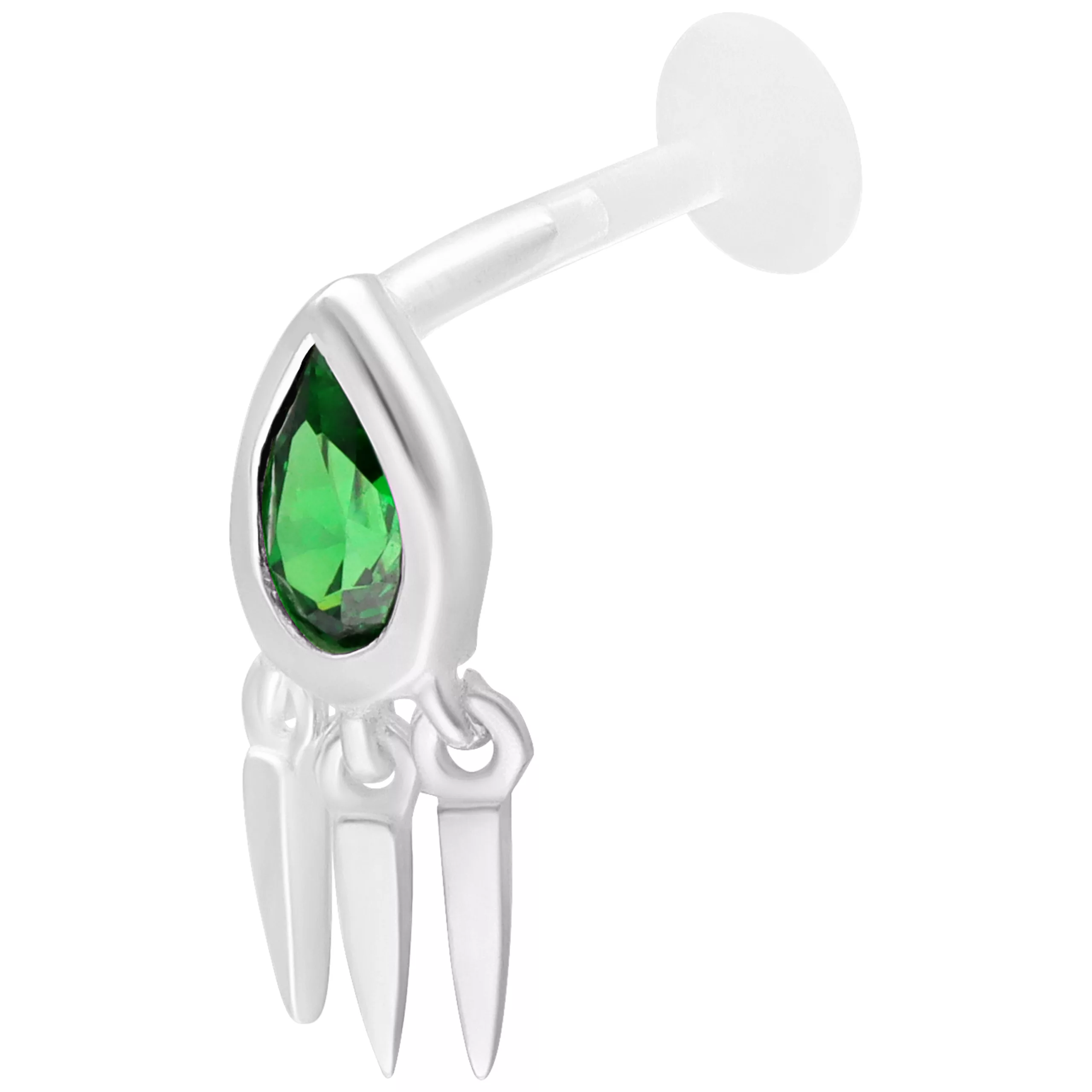 Labret in argento con smeraldo verde e tre pendenti su sfondo bianco