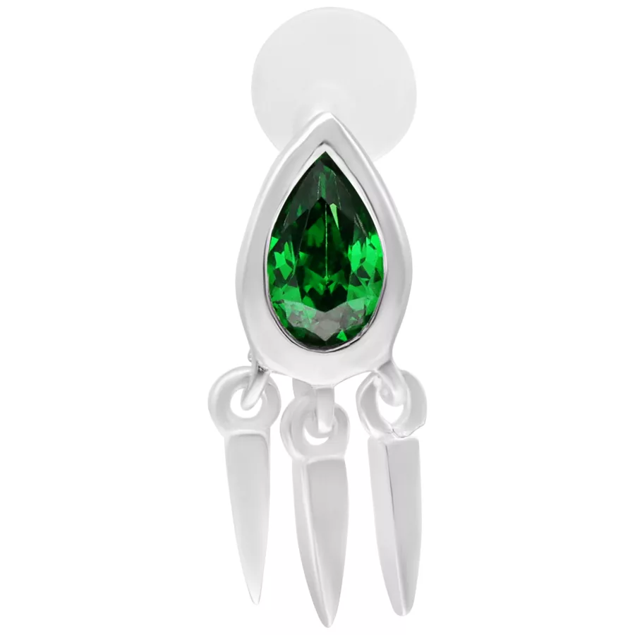 Labret in argento con smeraldo verde e tre pendenti su sfondo bianco