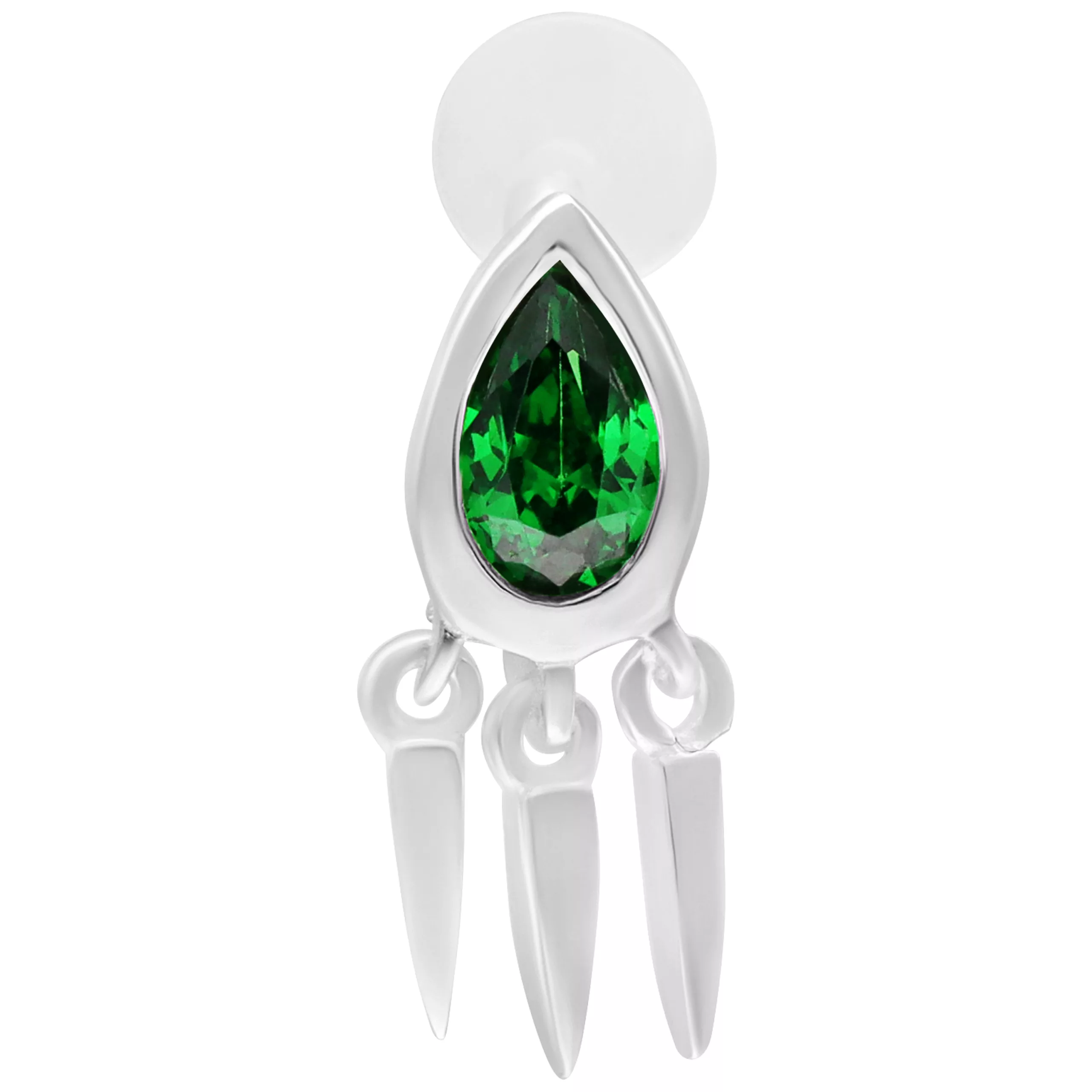 Labret in argento con smeraldo verde e tre pendenti su sfondo bianco
