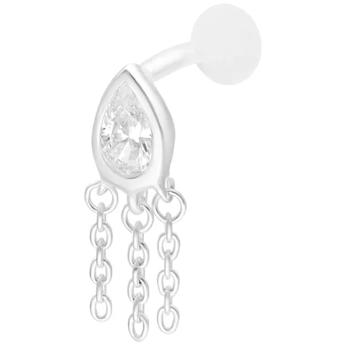 Piercing labret in argento con cristallo a goccia e tre catene su sfondo bianco