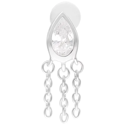 Labret in argento con forma a goccia e pendente a catena su sfondo bianco