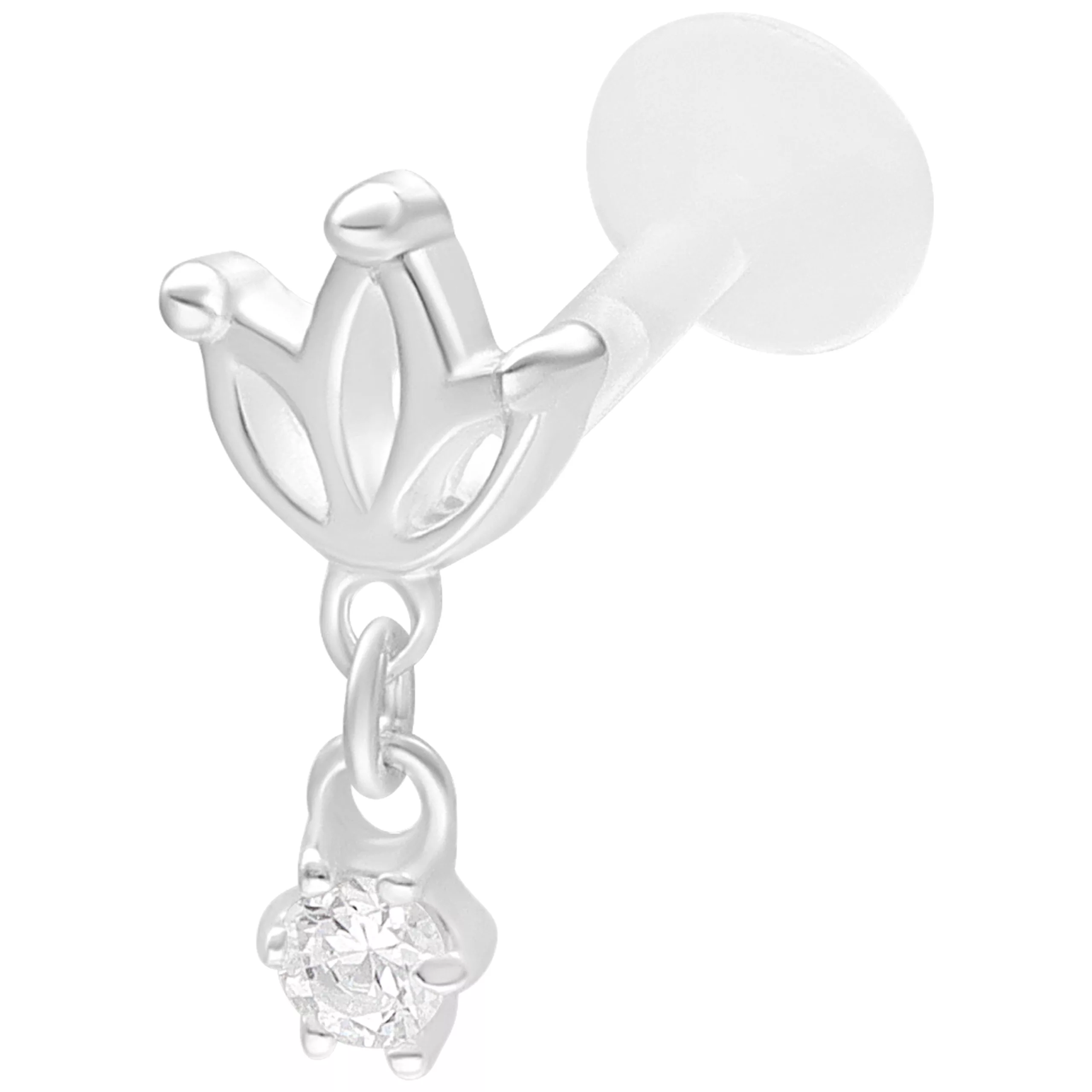 Labret in argento con design a loto e cristallo scintillante su sfondo bianco