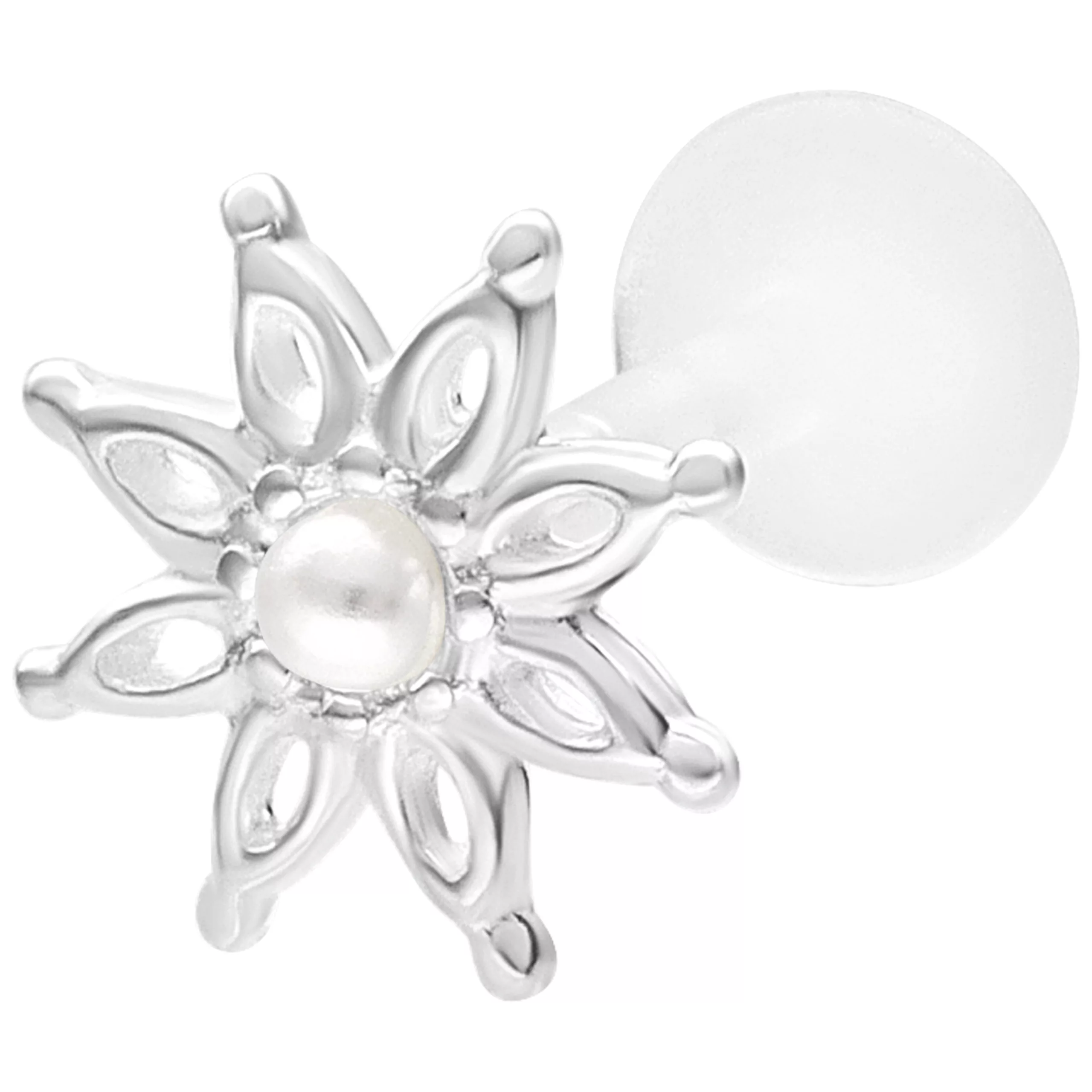 Labret floreale in argento con perla su sfondo bianco