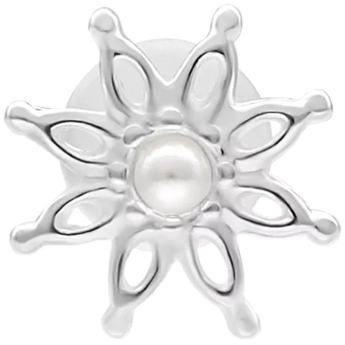 Labret argento con design a forma di fiore e dettaglio di perla su sfondo bianco