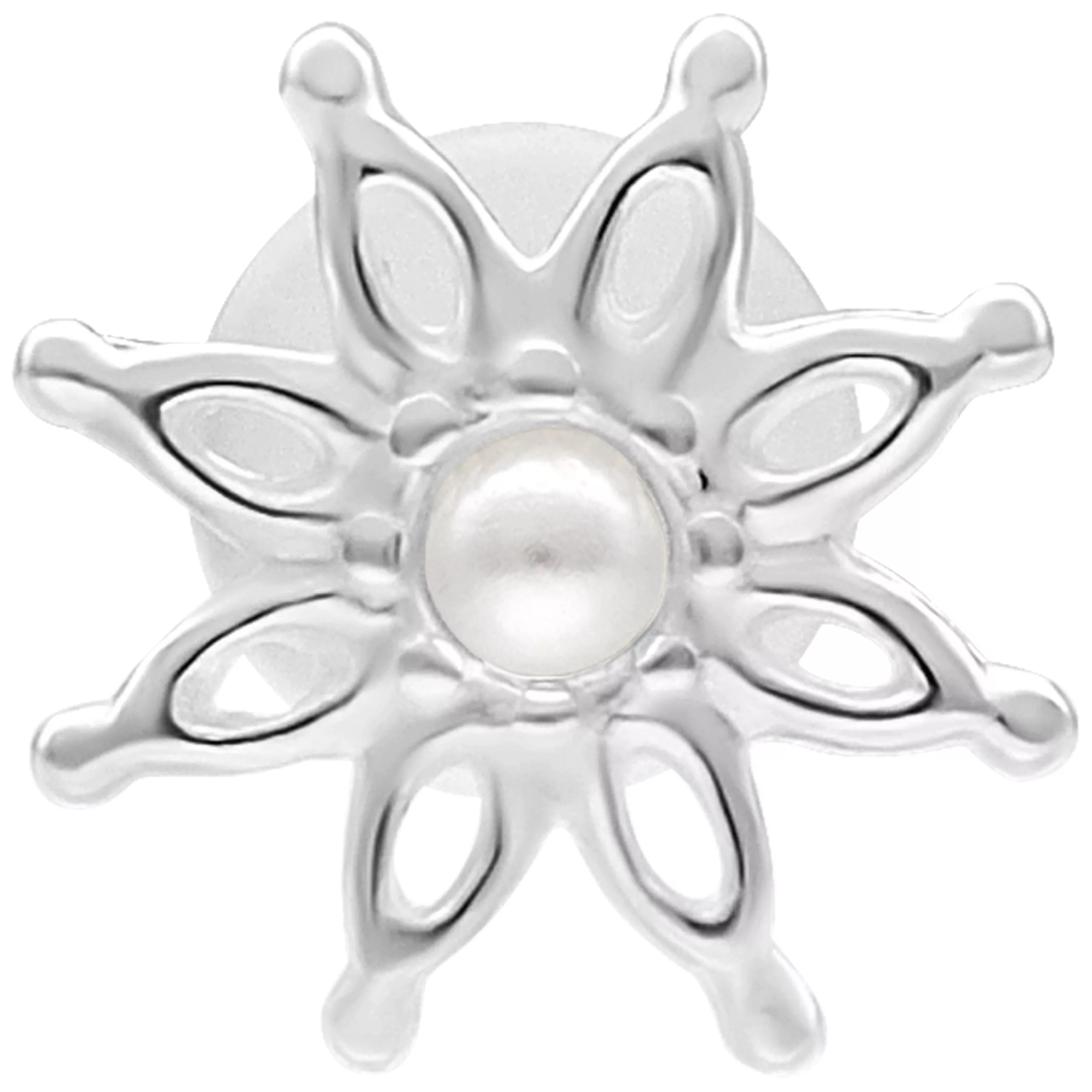 Labret argento con design a forma di fiore e dettaglio di perla su sfondo bianco