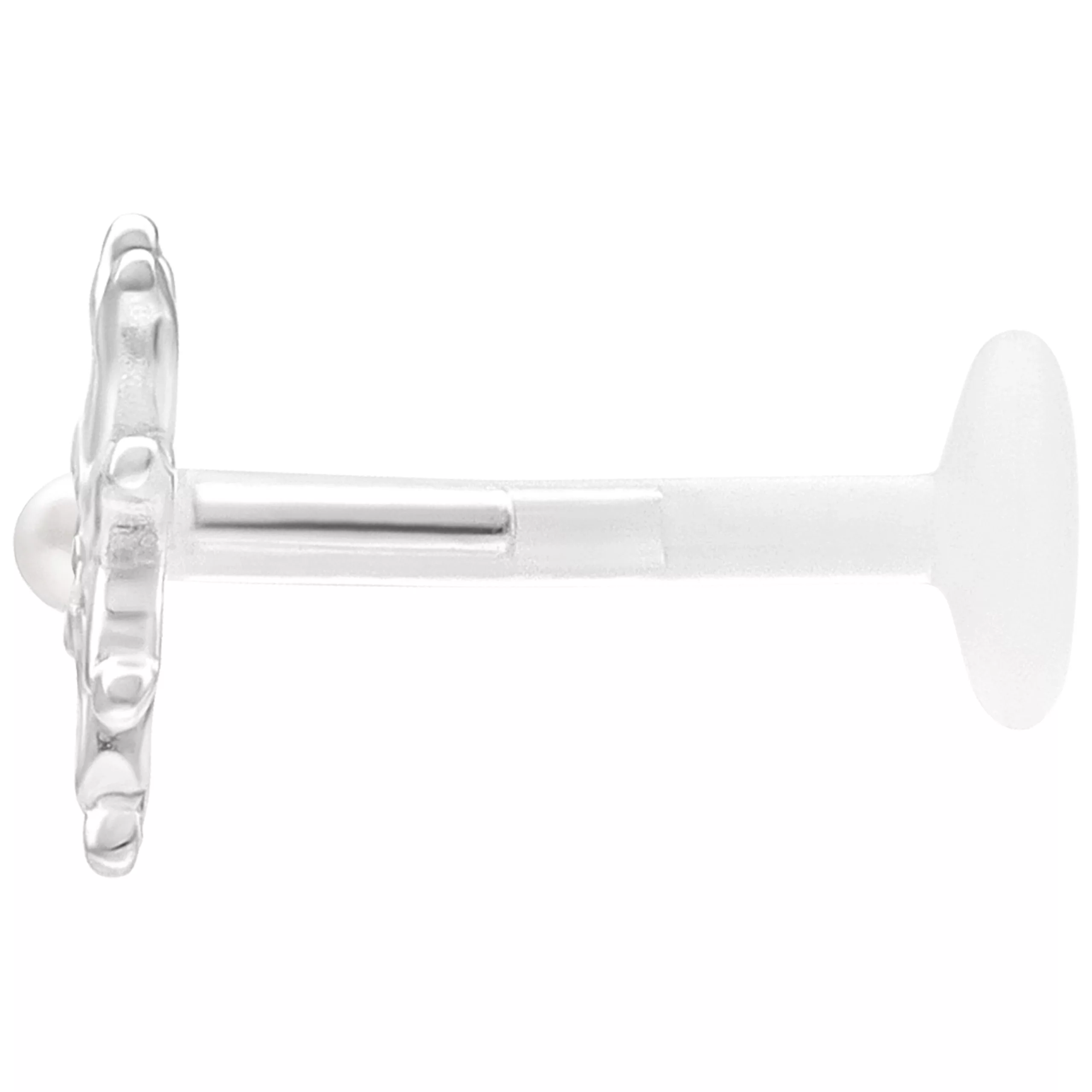 Labret piercing in argento con decorazione floreale su sfondo bianco