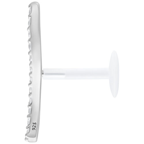 Labret in argento con fila di cristalli, Push Fit, su sfondo bianco