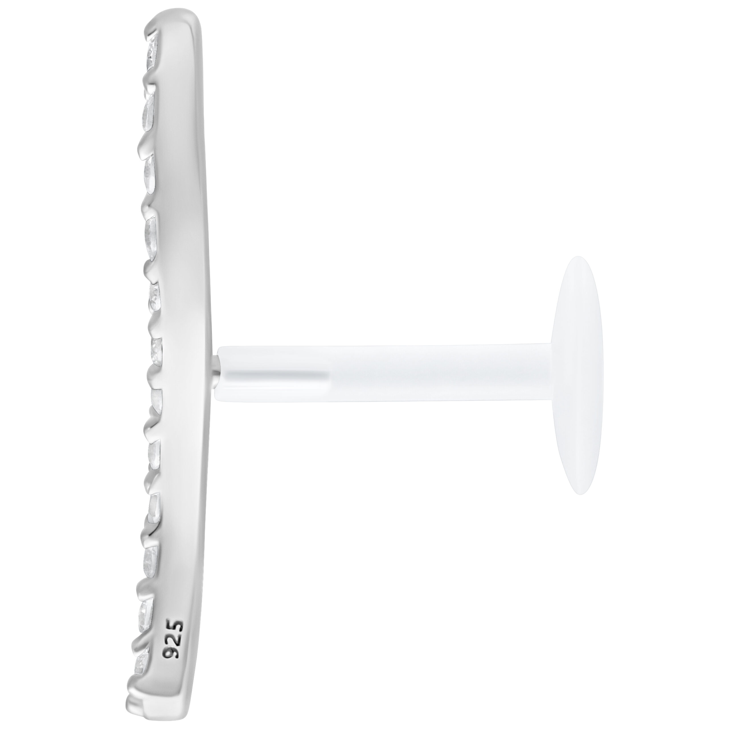 Labret in argento con fila di cristalli, Push Fit, su sfondo bianco