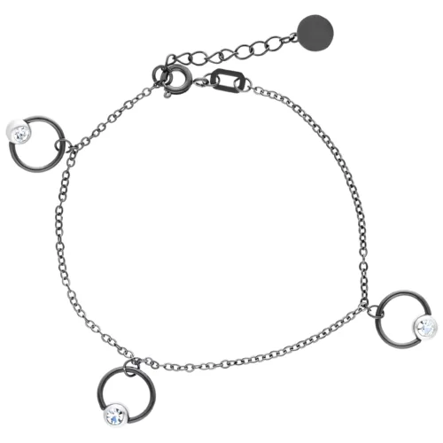 Bracciale nero in acciaio chirurgico con lunghezza regolabile e anelli di cristallo su sfondo bianco