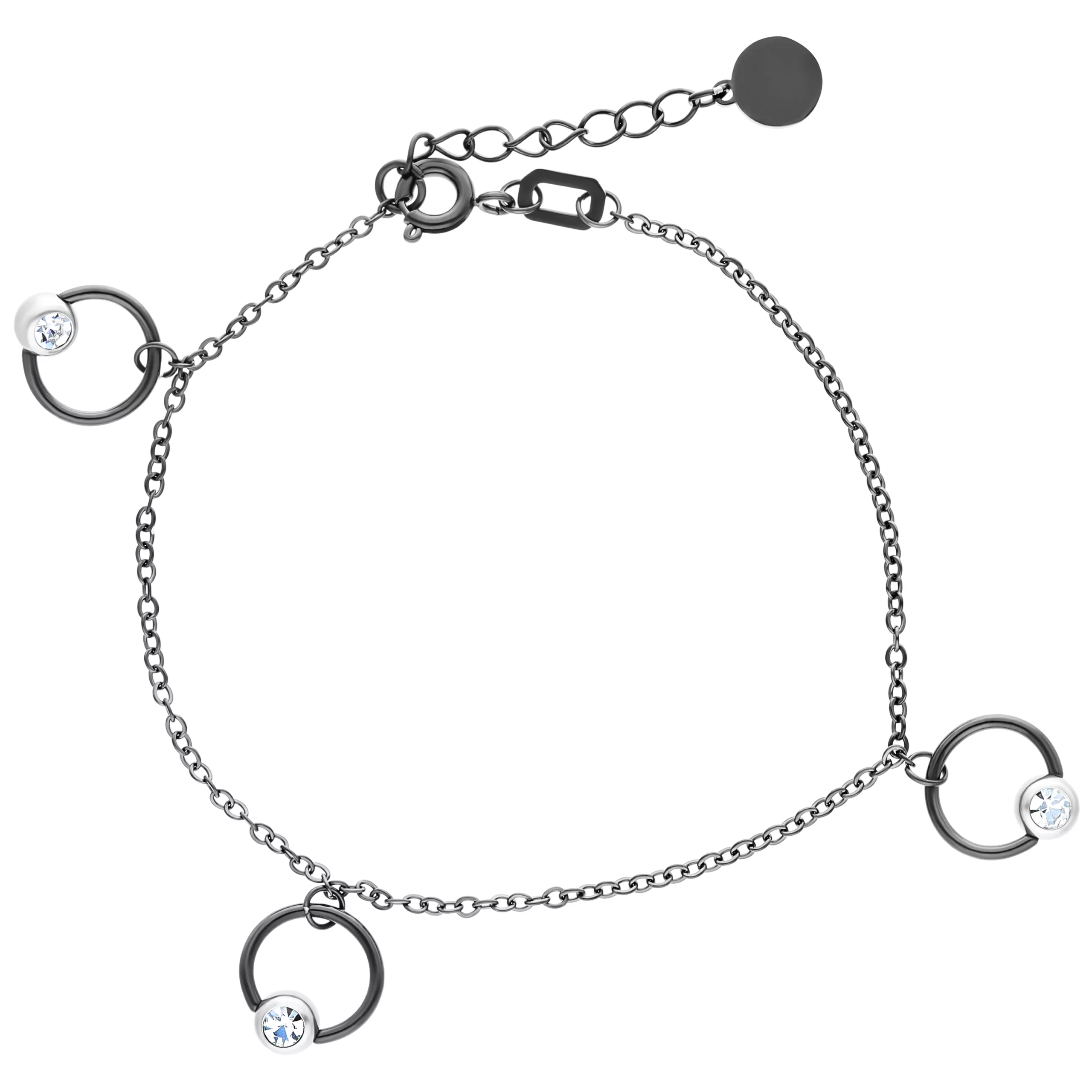 Bracciale nero con anelli e cristalli Bracciale nero in acciaio chirurgico con lunghezza regolabile e anelli di cristallo su sfondo bianco