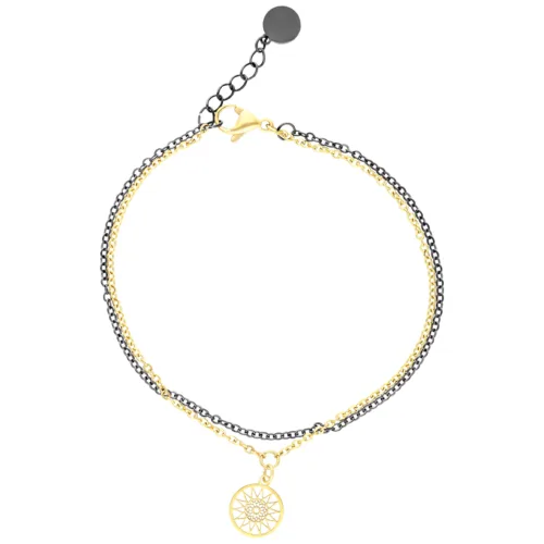 Doppio bracciale Mandala in acciaio chirurgico nero e oro su sfondo bianco