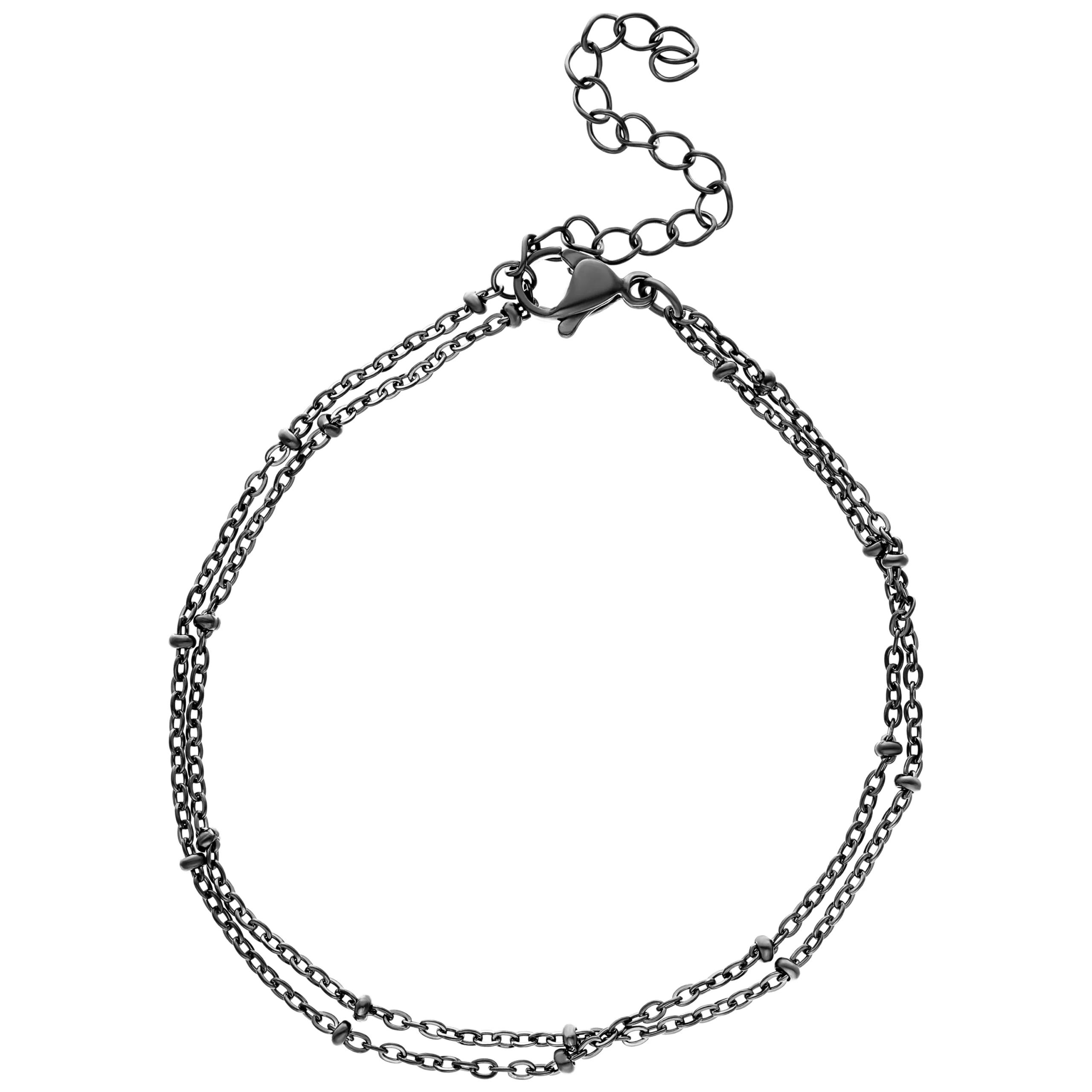 Bracciale doppio con perle nere Bracciale doppio nero in acciaio chirurgico con perle su sfondo bianco