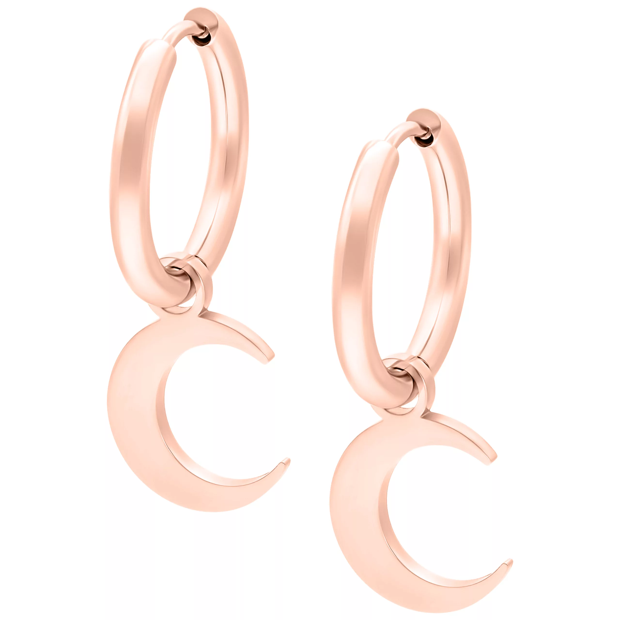 Due cerchi in oro rosa con ciondolo a forma di luna, sfondo studio