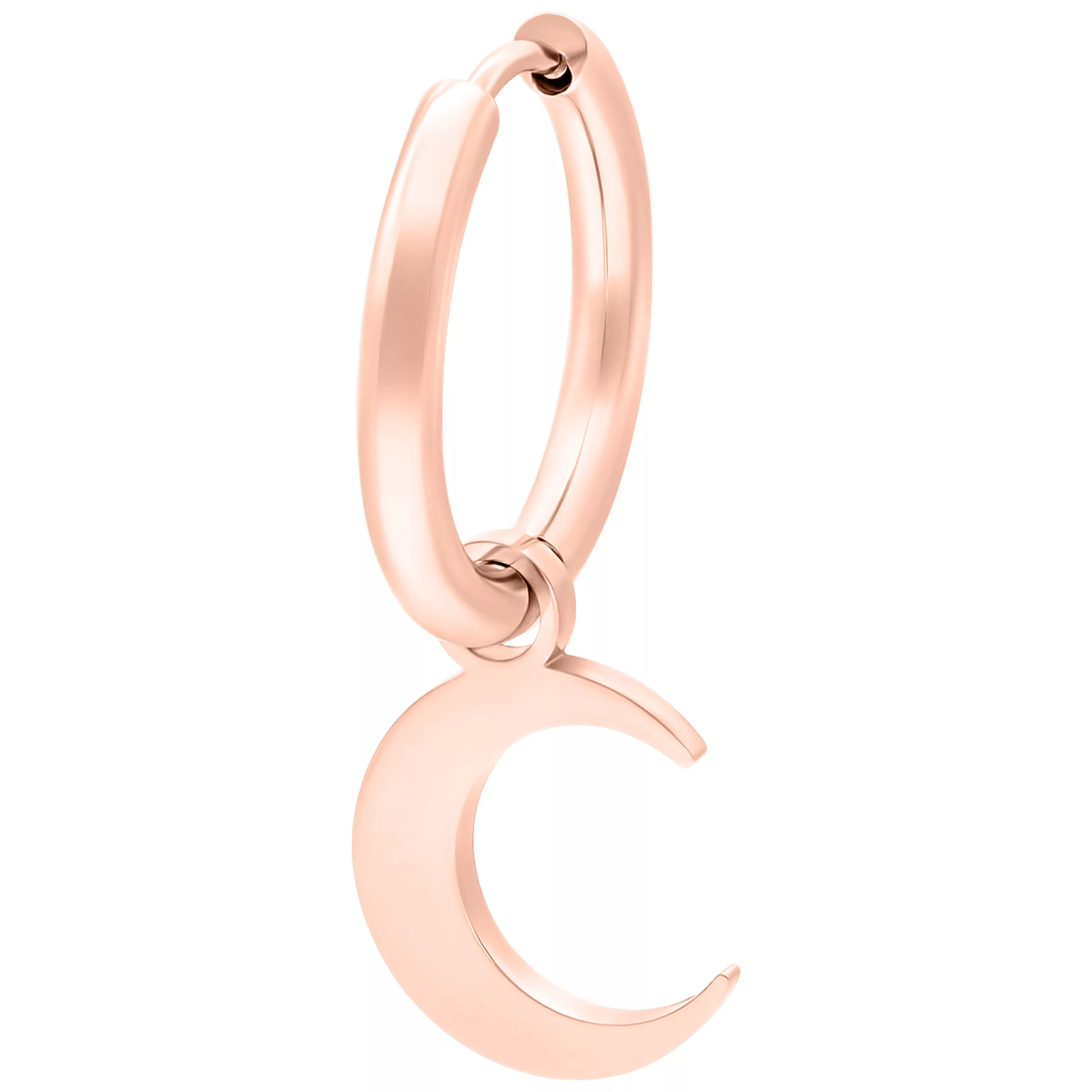 Orecchini in oro rosa con ciondolo a mezzaluna su sfondo bianco